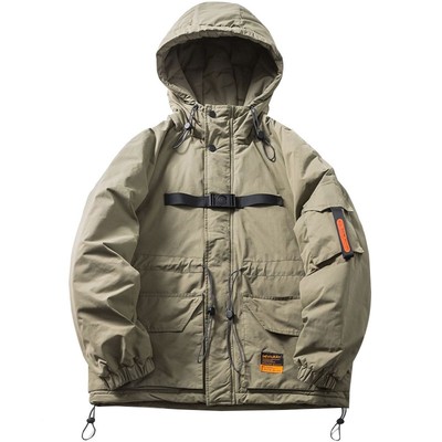 复古黑织带多口袋连帽棉服工装