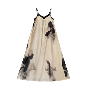 【墨染银月】法式慵懒风水墨画连衣睡裙女款度假吊带气质长裙露背