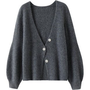 巨美巨气质！加厚V领100%羊绒开衫灯笼袖纯羊绒毛衣针织开衫外套