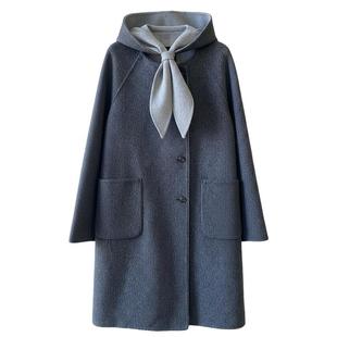 紫涵中长款双面羊毛呢外套女2025年冬季新款简约保暖系带连帽大衣