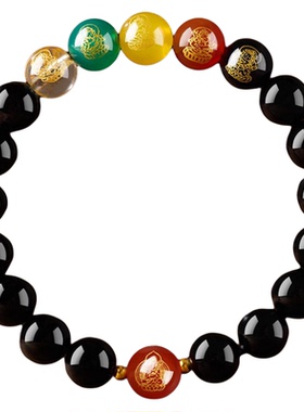 黑曜石五路财神招财转运生肖手串