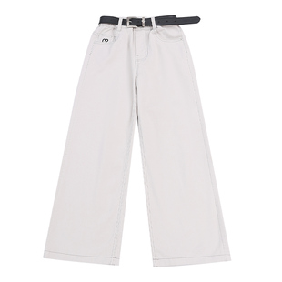 加绒女童白色牛仔裤秋冬季装初中生中大童一体绒直筒阔腿裤长裤子