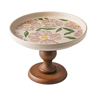 悠瓷 陶瓷水果盘精致甜品台零食托盘家用摆件木质高脚盘下午茶盘