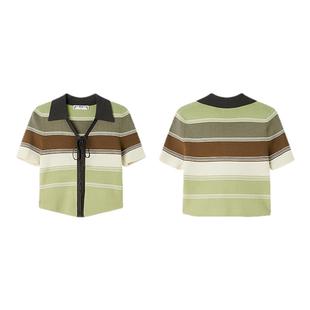 PIT复古百搭条纹短袖针织衫翻领系带2025春季新款女士上衣毛衣