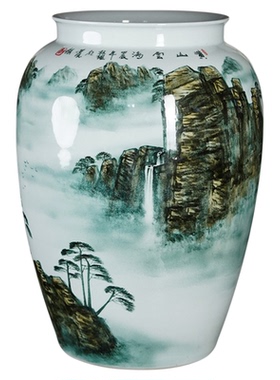 手绘山水书画卷轴缸中式装饰摆件