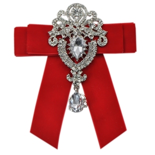 男女复古奢华水钻合金新郎结婚丝绒镶钻领结司仪拍照长针胸针