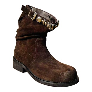 LABERTHREE秋冬新品原野牧歌扣饰堆堆靴复古时尚西部靴粗跟短靴女