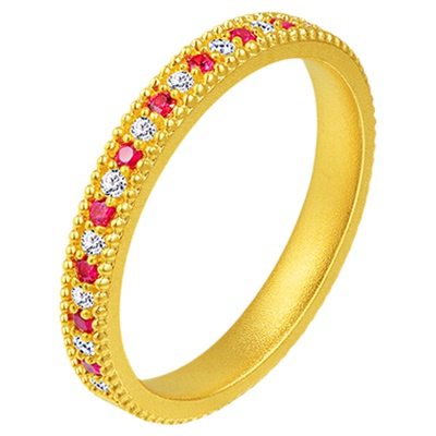 老庙黄金足金点钻简约戒指古法华彩悦动璀璨闪耀艳丽红宝石贵气