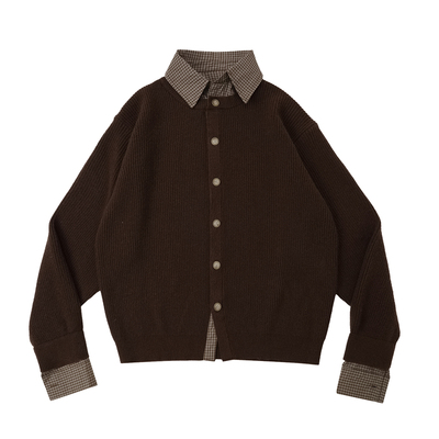 LR MADE 撞色拼接格纹布 假两件翻领绵羊毛保暖针织毛衣开衫