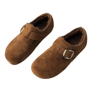 冬季加绒懒人乐福鞋女2025舒适保暖软底保暖豆豆鞋复古真皮博肯鞋