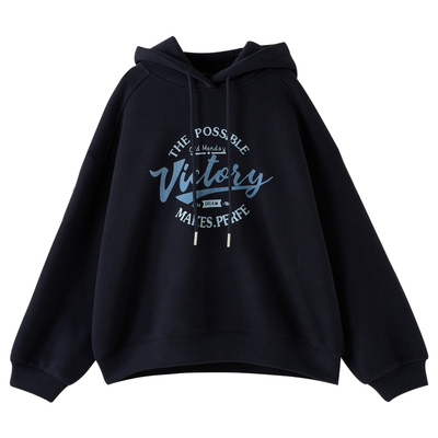 时尚藏青色美式字母加绒连帽卫衣