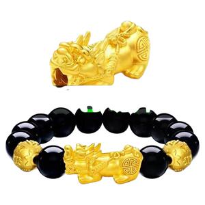 黄金色貔貅黑曜石手链情侣招财转运越南沙金手串久不掉色5d实心