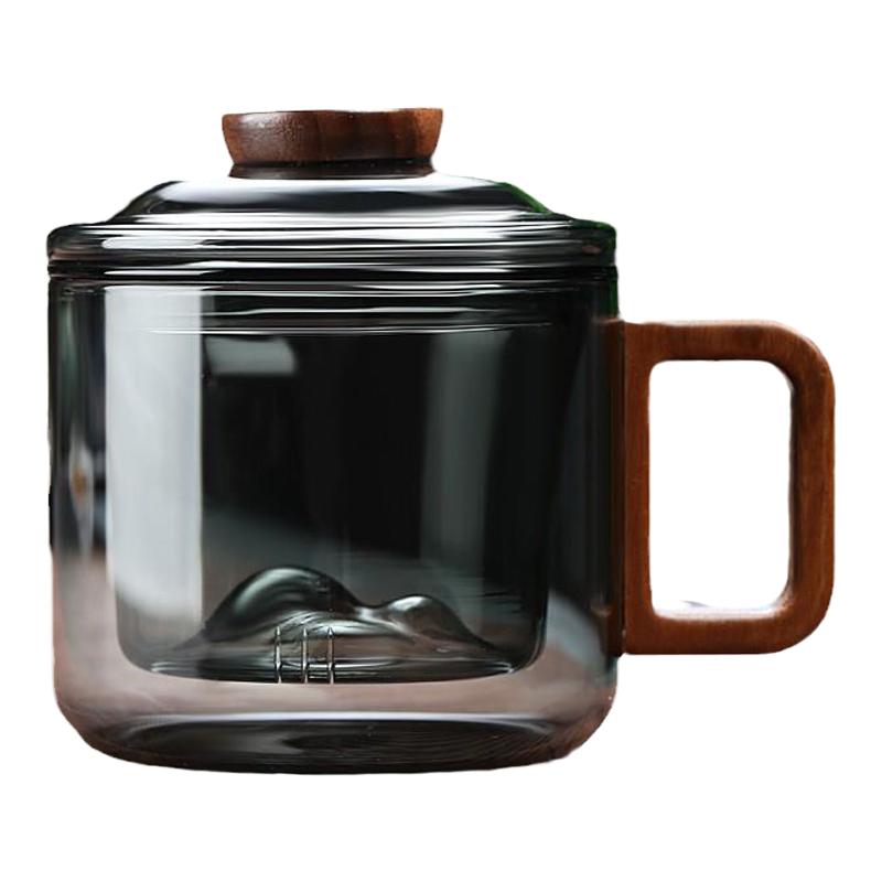 办公玻璃茶杯透黑墩墩杯咖啡杯茶水分离办公室专用高硼硅耐热水杯
