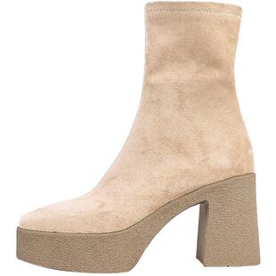 中筒靴女粗跟法式厚底复古防水台杏色方头显瘦小腿靴高跟单靴短靴