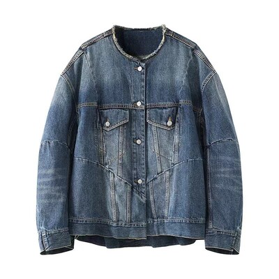 爆款廓形复古深蓝色牛仔上衣女款