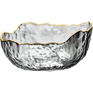 锤目纹金边玻璃沙拉碗加厚大号描金碗ins简约透明家用汤碗水果碗