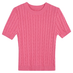 MULVAN 韩系女主 麻花短袖针织衫女高腰短款修身甜辣外穿粉色上衣