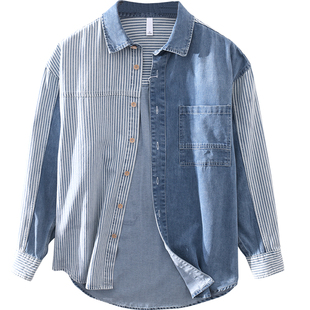 极麻个性条纹牛仔休闲长袖衬衫男士撞色拼接大码青年宽松百搭衬衣
