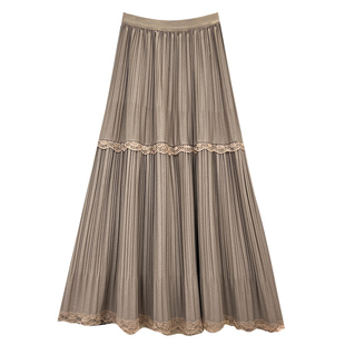 冬天好看蕾丝花边拼接百褶半身裙女秋冬新款垂坠感a字大摆裙长裙