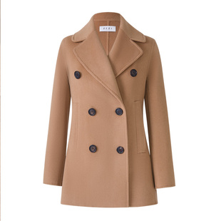 zezi绵羊毛羊绒双排扣短款大衣秋冬新款休闲保暖女士双面毛呢外套