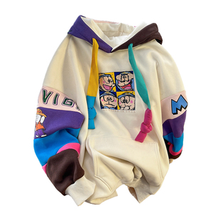 日系卡通撞色加绒连帽卫衣男女秋冬慵懒风oversize加厚银狐绒外套