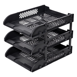 得力9209三层塑料横式文件框整理资料收纳架文件筐档案整理资料收纳架置物9217ES多层黑色文件架文件盘收纳盒