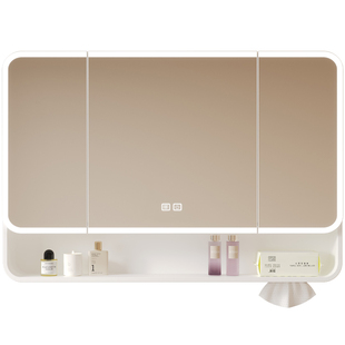 奶油太空铝圆弧浴室镜柜挂墙式卫生间智能带灯带美妆收纳架储物柜