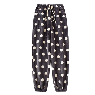 新款波点珊瑚绒睡裤女收口保暖宽松加厚法兰绒束脚居家长裤可外穿