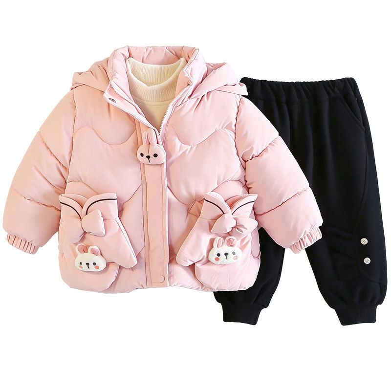 女童冬季加绒保暖兔子棉服三件套