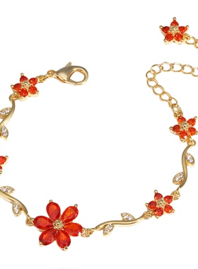 欧美轻奢铜镶钻五瓣花枝叶手链