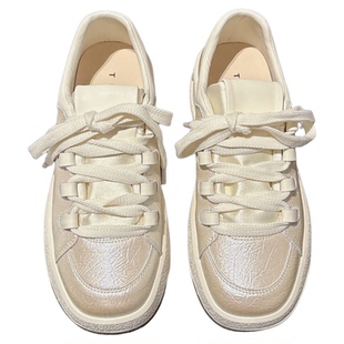 珍珠色~4cm小厚底擦色系带休闲板鞋春新款配堆堆袜运动鞋学生女鞋