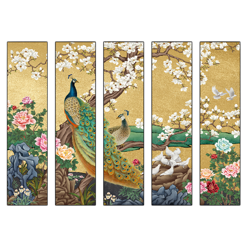 新中式孔雀玉兰花鸟金箔挂画五联