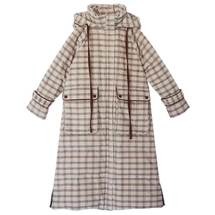 【现货】冬装格纹灯芯绒连帽羽绒服女长款修身新款保暖白鸭绒外套