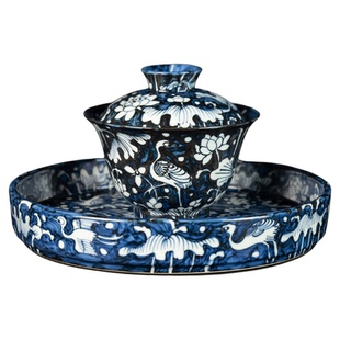 圣山仿元青花一鹭莲升满绘手工盖碗景德镇仿古陶瓷茶具盖碗套组