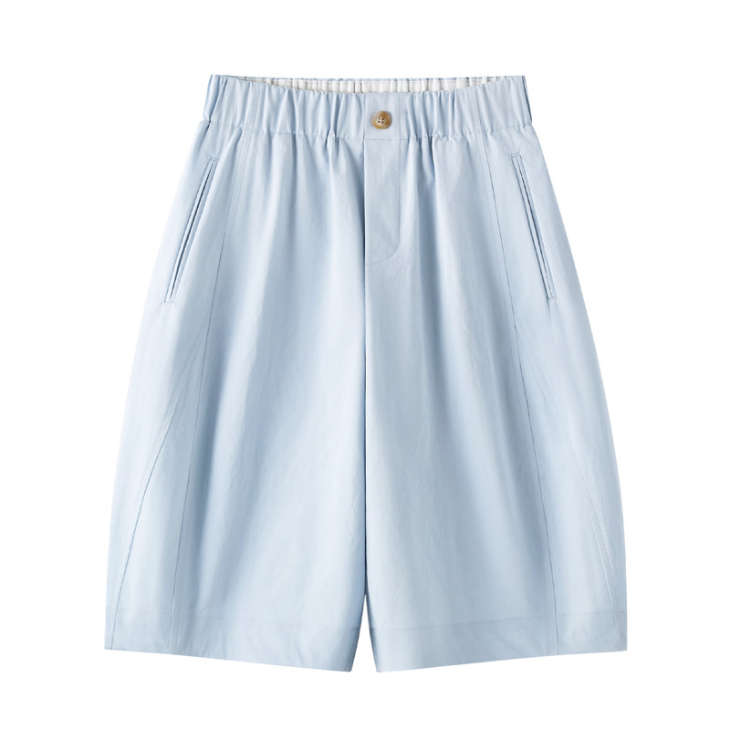 浅蓝色松紧腰阔腿短裤女夏季薄款