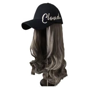 ins字母百搭鸭舌帽假发一体可拆卸卷发加宽加长帽沿圆顶棒球帽女