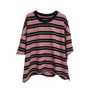 TYJR 夏季新款女装2026韩版宽松短袖圆领条纹短款T恤女上衣65101