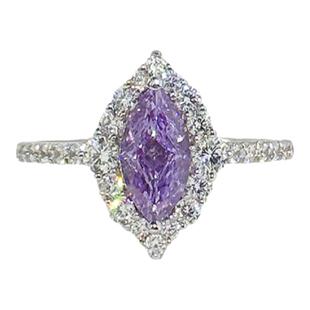 时尚通勤紫罗兰人工钻石戒指女1克拉紫色马眼钻952纯银镶嵌不掉色