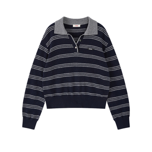 樱桃KIRSH 韩系条纹POLO领针织衫2026春季女复古宽松休闲套头毛衣