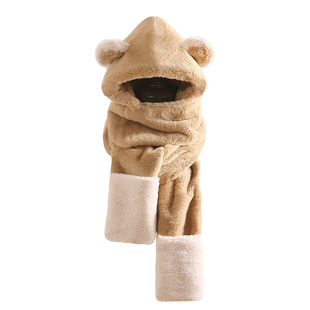 小熊帽子女秋冬季围巾一体2025年新款骑车保暖连帽围脖毛绒三件套