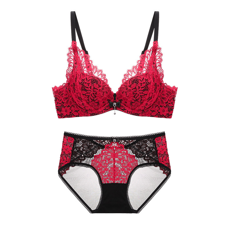 伊丝艾拉聚拢防下垂内衣女性感胸罩红色蕾丝本命年新娘文胸套装