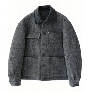 老钱风人字纹羊毛猎装外套男士冬季新款羊皮翻领白鹅绒夹克羽绒服