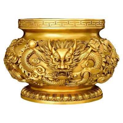 黄铜九龙香炉摆件龙戏珠圆底炉大号香薰炉寺庙佛堂插香双龙五龙炉