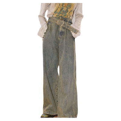 化学少女复古做旧牛仔工装阔腿裤