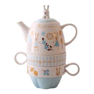 日式砂糖兔陶瓷一茶壶两茶杯带过滤可爱下午茶二人茶具套装子母壶