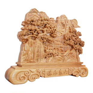 泰山木雕摆件桃木五岳独尊山水浮雕稳如泰山实木工艺品