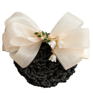 职业头花新款绢纱蝴蝶结发夹护士空姐银行工作发网兜头花发夹