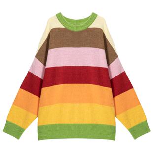KEIKO 多巴胺彩虹色条纹毛衣26早春韩系氛围感穿搭宽松针织衫加厚
