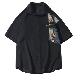 悟空有货日系复古小熊拼接短袖衬衫男女夏季薄款休闲宽松情侣衬衣