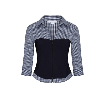 UR&DC2026春季新款拼接撞色格纹短款七分袖拉链开襟衬衫女短上衣